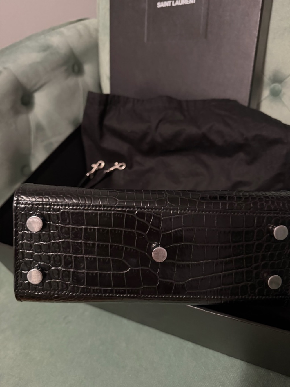 Authentic Saint Laurent Black Croc-Embossed Leather Top Handle Satchel - Picture 14 of 14